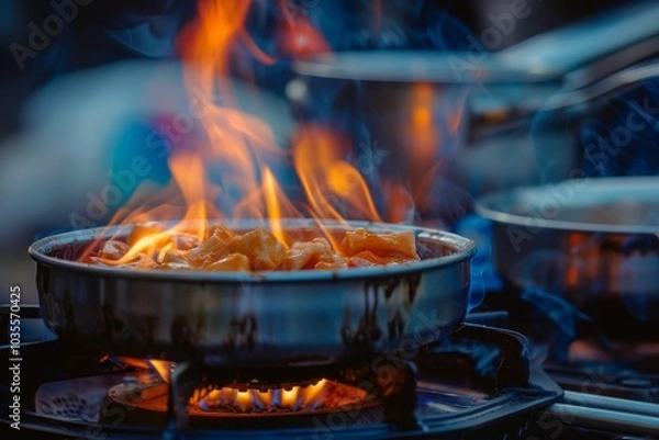 Fototapeta A portable LPG gas stove being used for outdoor camping, with food cooking over a flame. MZ
