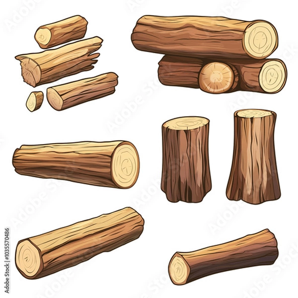 Obraz Set of game assets brown logs and firewood, wood texture in flat cartoon style on transparent background