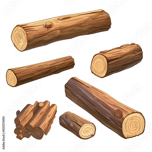 Obraz Set of game assets brown logs and firewood, wood texture in flat cartoon style on transparent background