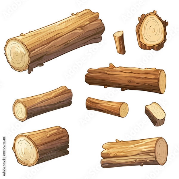 Obraz Set of game assets brown logs and firewood, wood texture in flat cartoon style on transparent background