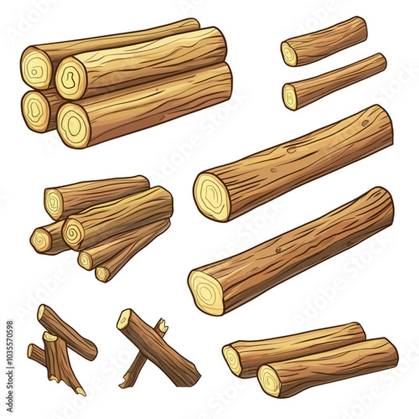Obraz Set of game assets brown logs and firewood, wood texture in flat cartoon style on transparent background