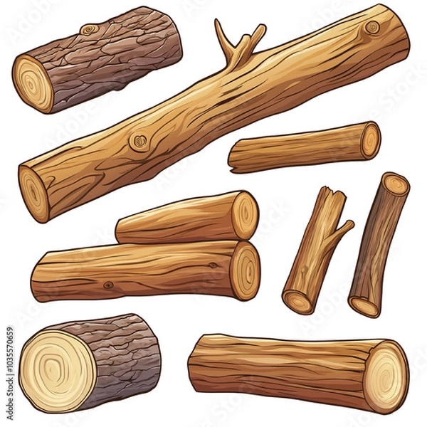 Obraz Set of game assets brown logs and firewood, wood texture in flat cartoon style on transparent background