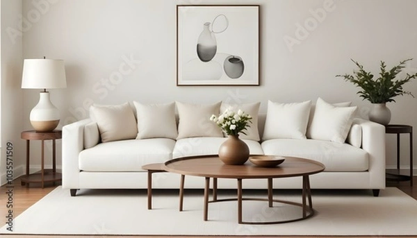 Fototapeta A minimalist living room with a white sofa, round coffee table, and decorative vases on a wooden console.