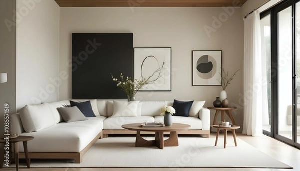 Fototapeta A minimalist living room with a white sofa, round coffee table, and decorative vases on a wooden console.