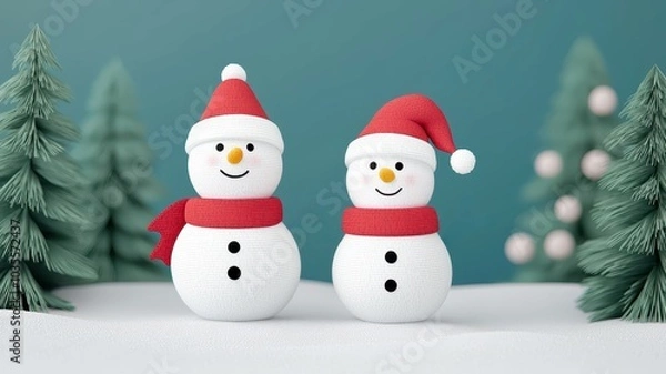 Obraz Cheerful snowmen in festive hats surrounded by miniature trees on a light winter background.