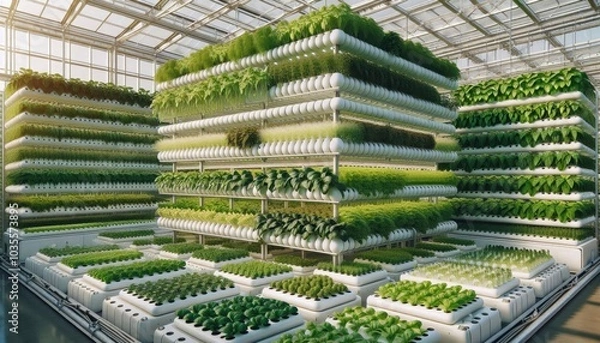 Obraz Modern Hydroponic Greenhouse with Vertical Planting System Growing Lush Green Vegetables, Showcasing Sustainable Agriculture and Efficient Food Production in a Controlled Environment