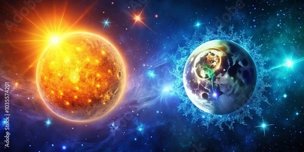 Fototapeta 3D Illustration of the Sun and Moon with Stars in a Cosmic Scene for Celestial Imagery