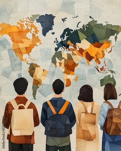 Fototapeta A stylized illustration of three people with backpacks gazing at a colorful world map, symbolizing exploration and global awareness.