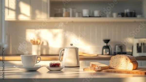 Fototapeta Breakfast Table with Steam From Kettle