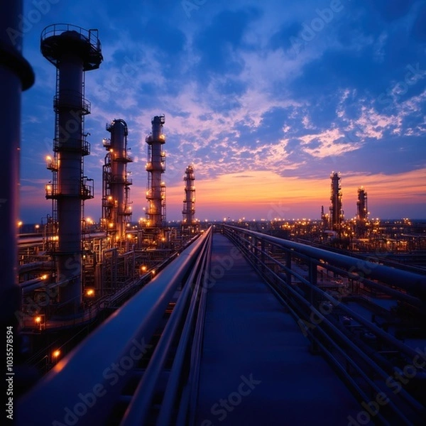 Fototapeta Industrial landscape at dusk with illuminated towers and pipes under a colorful sky.