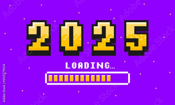 Obraz 2025 pixel art banner for New Year. 2025 numbers in 8-bit retro games style and loading bar. Pixelated happy New Year and Merry Christmas holiday card or banner. Vector.