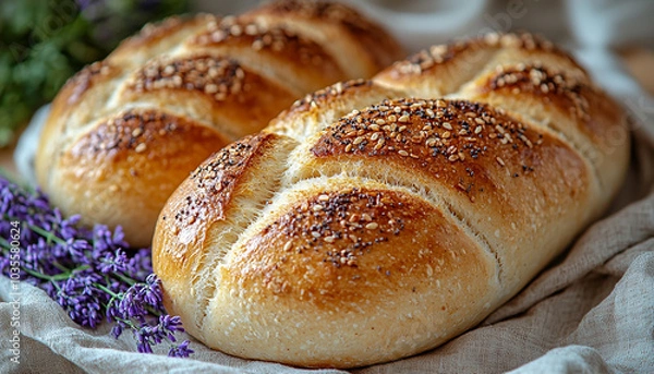 Fototapeta Freshness baked bread on rustic table for meal eating generated by AI