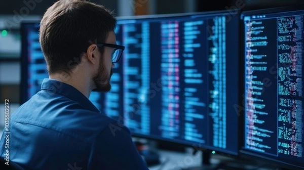 Fototapeta Scientist examining DNA sequence data on a computer screen, molecular graphics displayed