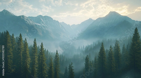 Fototapeta A breathtaking view of a mountain range dotted with pine trees, capturing the essence of wilderness.