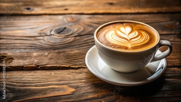 Fototapeta A single cup of latte art on a wooden table, perfect for a morning pick-me-up or afternoon break.