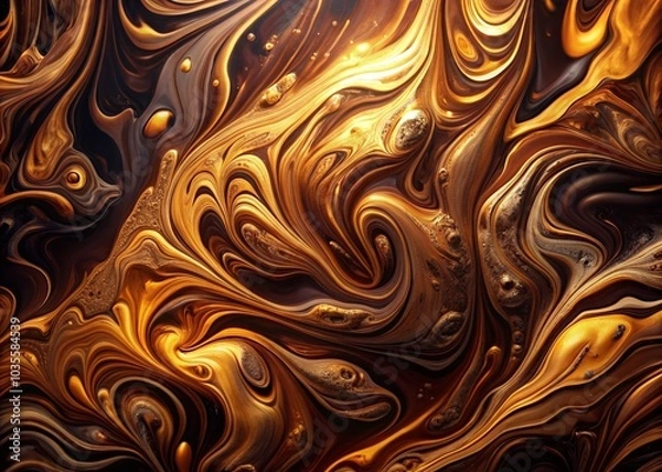Fototapeta Abstract Fluid Art Background in Dark Brown and Golden Hues - Liquid Marble Acrylic Painting with Bronze Gradient