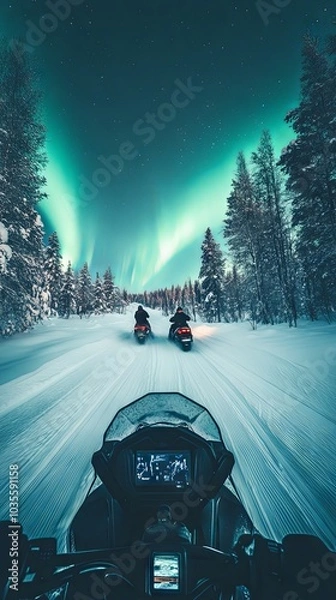 Fototapeta Snowmobiling Under the Aurora Borealis in a Snowy Forest