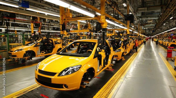 Fototapeta Automated assembly line in car manufacturing facility showcasing yellow vehicles in production. environment reflects modern industrial technology and efficiency