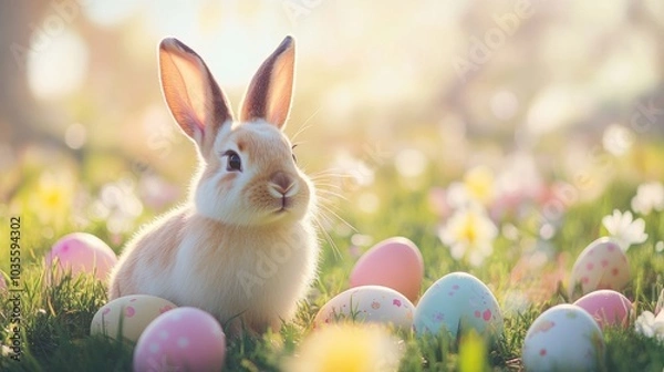 Fototapeta Stock minimalist photography of a bunny with a joyful expression, surrounded by Easter eggs and spring flowers in a sunlit meadow for a vibrant holiday theme