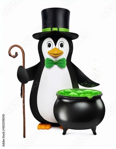 Fototapeta Penguin in a top hat with a cauldron
