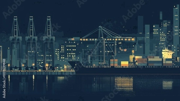 Fototapeta Busy Seaport at Night with Cranes and Container Ship