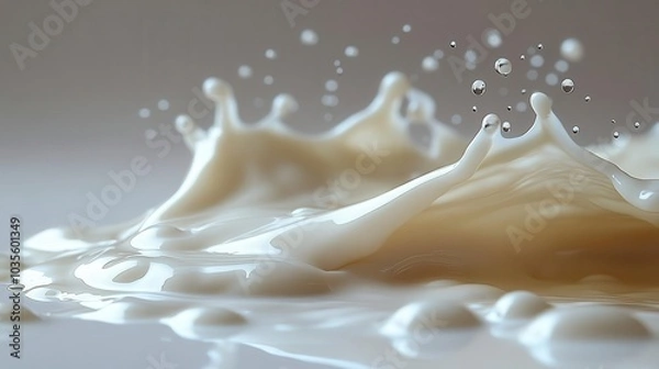 Fototapeta a dynamic spilled milk puddle with droplets captured in high detail against a clean white background showcasing the fluidity and texture of the milk in an artistic manner