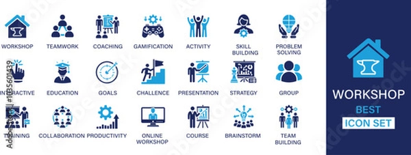 Fototapeta Workshop best solid icon set collection. Teamwork, coaching, gamification, activity, education, challenge,  presentation and vector illustration.