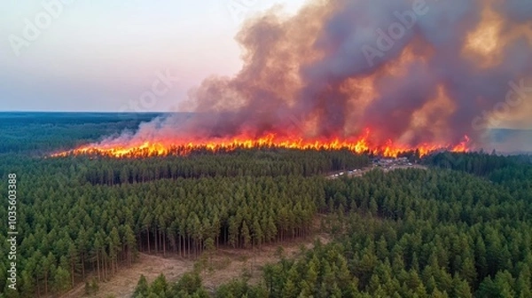 Fototapeta Aerial view of a destructive forest fire with flames and smoke engulfing a vast area, highlighting environmental impact.