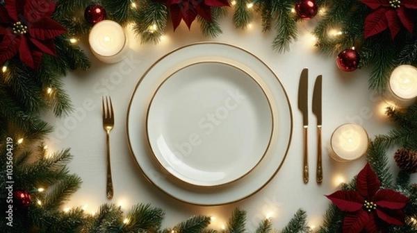 Obraz A beautifully arranged table for Christmas showcases vintage dinnerware, red poinsettias, and candlelight, creating a warm festive atmosphere.