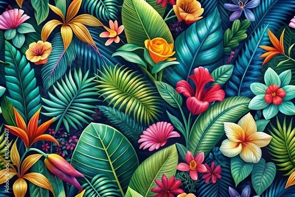 Fototapeta Tropical Leaves and Flowers Seamless Pattern - Cute Botanical Shapes for Surreal Photography