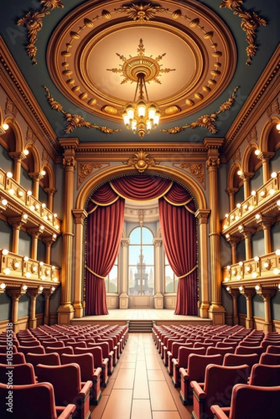 Fototapeta Empty theater with red curtain and stage waiting for actors