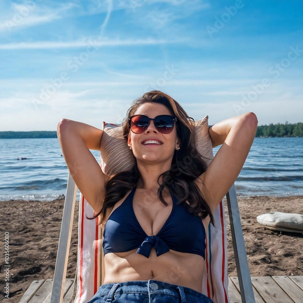 Obraz A Girl on the beach of a blue forest lake against the background of the sky with beautiful clouds enjoys the summer sitting in a sun lounger