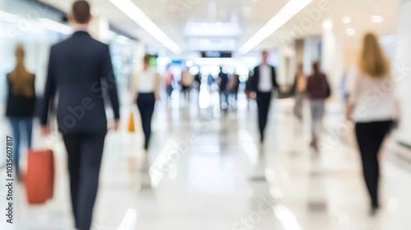 Fototapeta Busy airport terminal with travelers in motion blur
