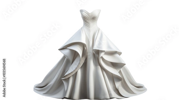 Fototapeta front view of a structured strapless ball gown, edgy design with sharp lines and a high-low hem, on a transparent backgrounds