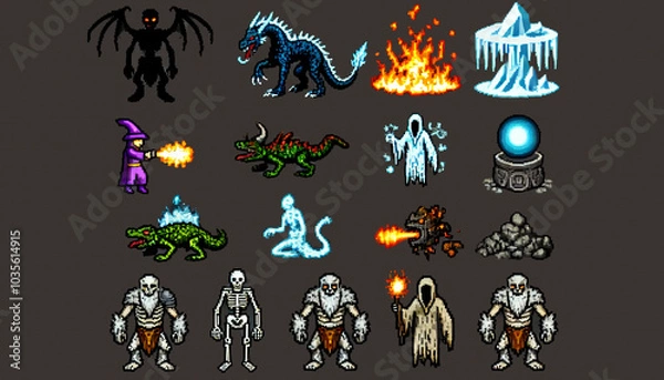 Fototapeta Set of RPG Fantasy Creatures with Fire and Ice Powers