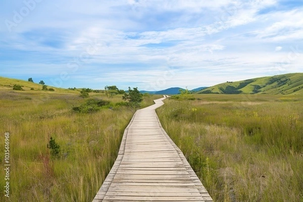 Fototapeta A wooden boardwalk path leading through a grassy field with rolling hills and a cloudy blue sky in the background
