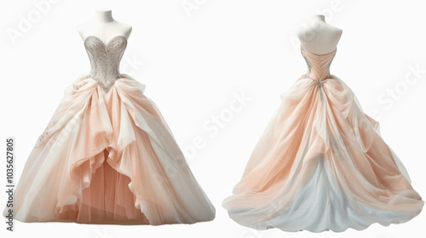 Fototapeta A princess dress design strapless mockup template, front and back view ethereal fabric and delicate glitter, png file, girl, different styles, different styles, dress des, on a transparent backgrounds