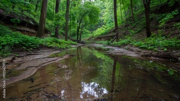 Fototapeta Tranquil Forest Stream Reflecting Lush Greenery