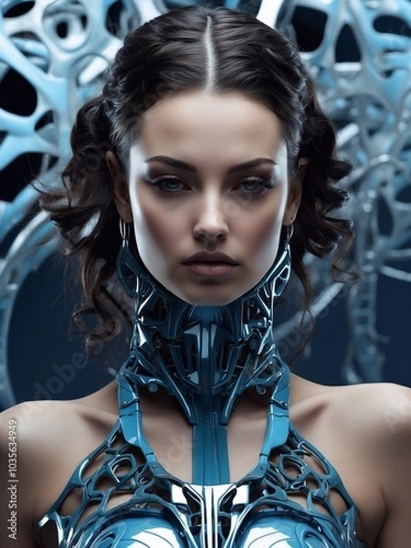 Fototapeta Futuristic head of beautiful woman or girl with blue neon light human or robot or biorobot. Illustration in the style of futurism for wallpaper. Photo realistic style.