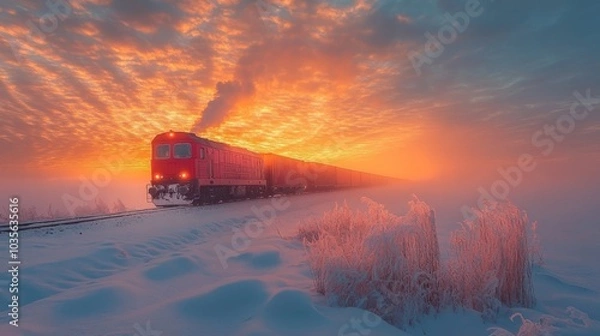Fototapeta A freight train moves along railway tracks in a winter landscape, surrounded by snow. The sunset casts vivid colors across the sky, creating a stunning backdrop.