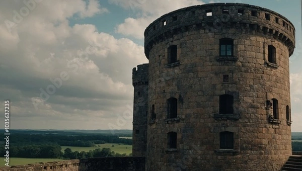 Fototapeta A picturesque archer tower nestled in a serene meadow invites tranquility