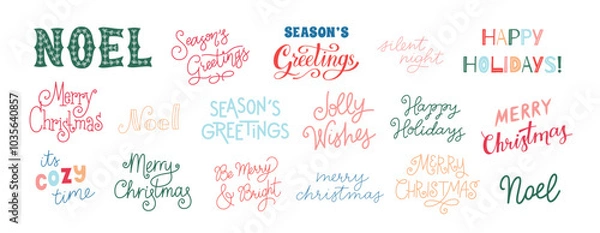 Fototapeta Christmas lettering set. Big collection of hand drawn and hand written Christmas greetings. Colorful vector lettering text