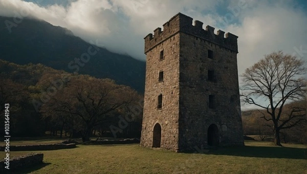Fototapeta A serene archer tower beside a tranquil pond invites reflection