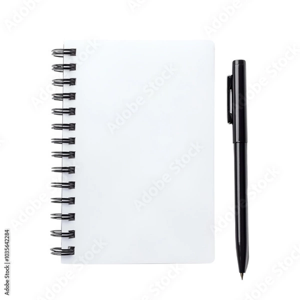 Obraz Top view of a blank spiral notebook with a black pen on white background, perfect for writing, sketching, and note-taking concepts.