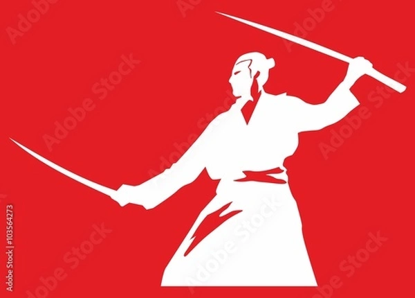 Fototapeta Векторное изображение самурая с двумя мечами на красном фоне (vector image of a samurai with two swords on a red background)