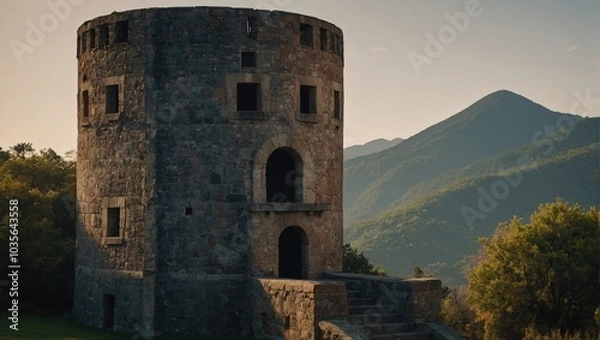 Fototapeta A serene archer tower near a flowing river