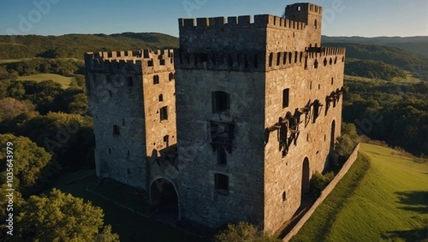 Obraz A serene archer tower surrounded by lush greenery invites reflection