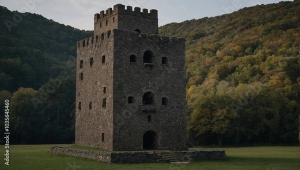 Fototapeta A stunning archer tower bathed in the golden glow of sunset