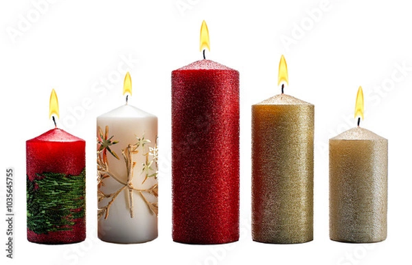 Fototapeta A set of five Christmas candles in different heights and colors, including red, red with green, white with a festive pattern, and gold. Isolated on transparent background.