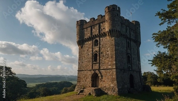 Fototapeta A stunning archer tower during a summer sunset paints the sky with vibrant colors